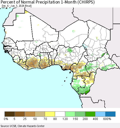 Western Africa Percent of Normal Precipitation 1-Month (CHIRPS) Thematic Map For 12/6/2023 - 1/5/2024