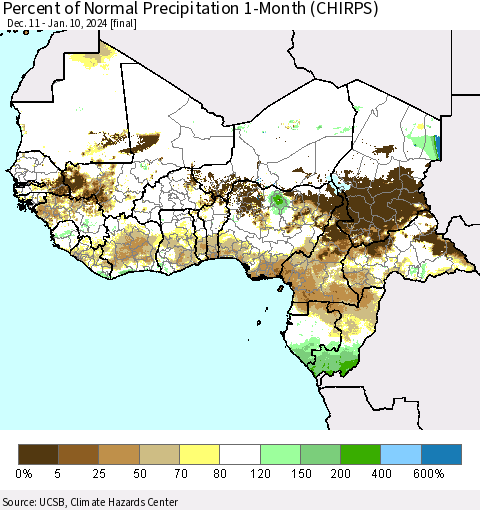 Western Africa Percent of Normal Precipitation 1-Month (CHIRPS) Thematic Map For 12/11/2023 - 1/10/2024