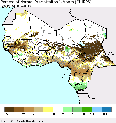 Western Africa Percent of Normal Precipitation 1-Month (CHIRPS) Thematic Map For 12/16/2023 - 1/15/2024