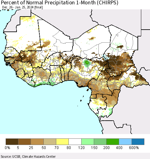 Western Africa Percent of Normal Precipitation 1-Month (CHIRPS) Thematic Map For 12/26/2023 - 1/25/2024