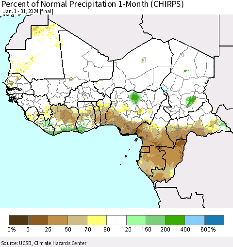 Western Africa Percent of Normal Precipitation 1-Month (CHIRPS) Thematic Map For 1/1/2024 - 1/31/2024