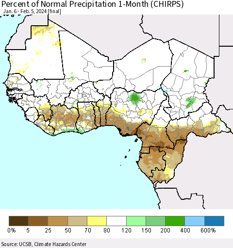 Western Africa Percent of Normal Precipitation 1-Month (CHIRPS) Thematic Map For 1/6/2024 - 2/5/2024