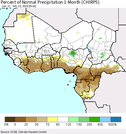 Western Africa Percent of Normal Precipitation 1-Month (CHIRPS) Thematic Map For 1/11/2024 - 2/10/2024