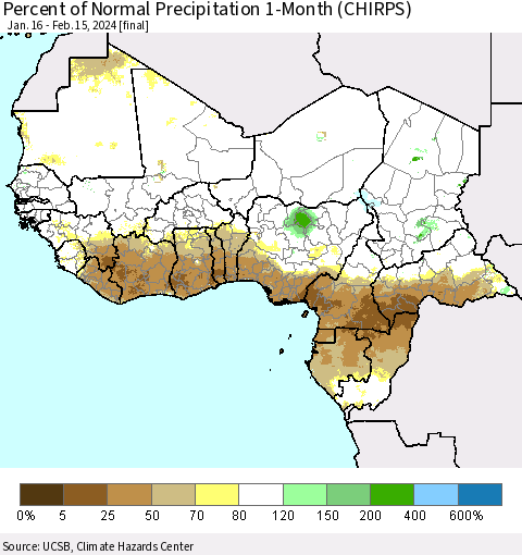 Western Africa Percent of Normal Precipitation 1-Month (CHIRPS) Thematic Map For 1/16/2024 - 2/15/2024