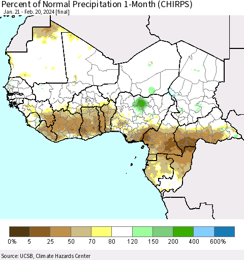 Western Africa Percent of Normal Precipitation 1-Month (CHIRPS) Thematic Map For 1/21/2024 - 2/20/2024