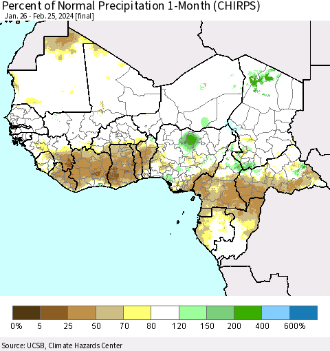 Western Africa Percent of Normal Precipitation 1-Month (CHIRPS) Thematic Map For 1/26/2024 - 2/25/2024