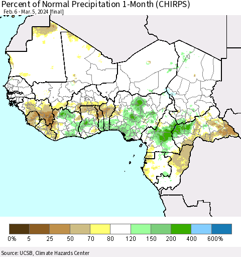 Western Africa Percent of Normal Precipitation 1-Month (CHIRPS) Thematic Map For 2/6/2024 - 3/5/2024