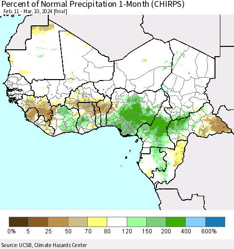 Western Africa Percent of Normal Precipitation 1-Month (CHIRPS) Thematic Map For 2/11/2024 - 3/10/2024