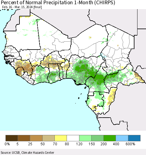 Western Africa Percent of Normal Precipitation 1-Month (CHIRPS) Thematic Map For 2/16/2024 - 3/15/2024