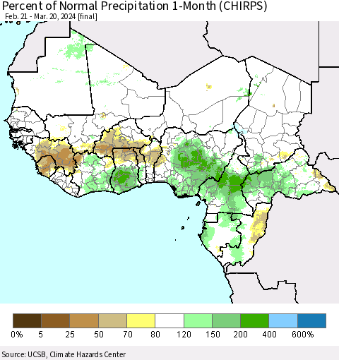 Western Africa Percent of Normal Precipitation 1-Month (CHIRPS) Thematic Map For 2/21/2024 - 3/20/2024