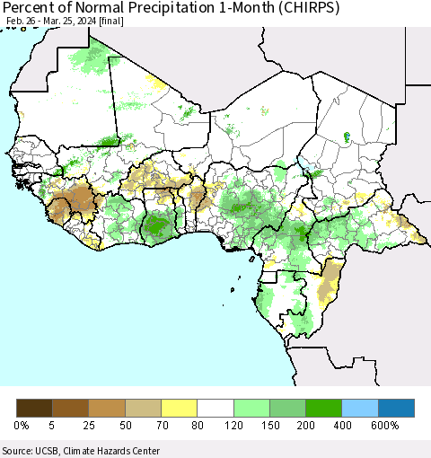 Western Africa Percent of Normal Precipitation 1-Month (CHIRPS) Thematic Map For 2/26/2024 - 3/25/2024