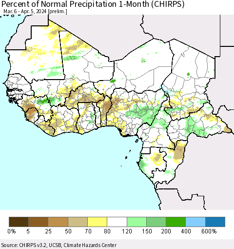 Western Africa Percent of Normal Precipitation 1-Month (CHIRPS) Thematic Map For 3/6/2024 - 4/5/2024