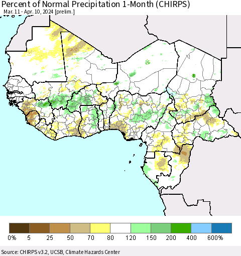 Western Africa Percent of Normal Precipitation 1-Month (CHIRPS) Thematic Map For 3/11/2024 - 4/10/2024