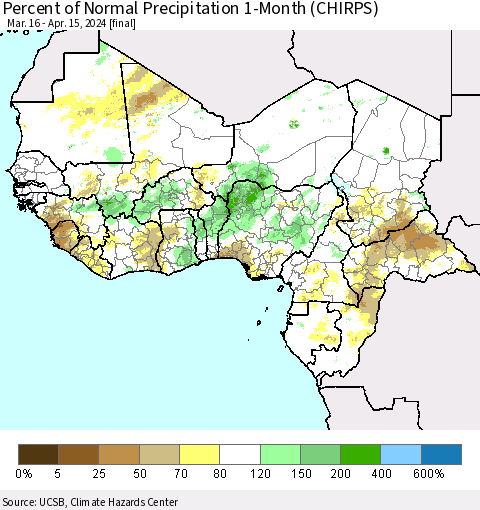 Western Africa Percent of Normal Precipitation 1-Month (CHIRPS) Thematic Map For 3/16/2024 - 4/15/2024