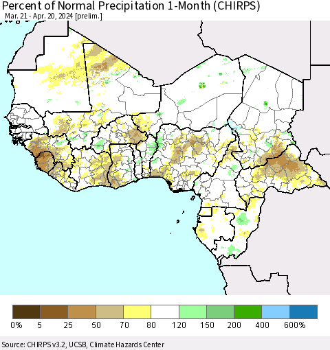 Western Africa Percent of Normal Precipitation 1-Month (CHIRPS) Thematic Map For 3/21/2024 - 4/20/2024