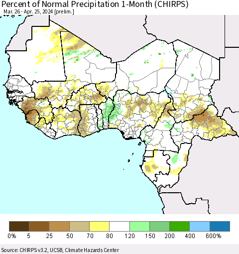 Western Africa Percent of Normal Precipitation 1-Month (CHIRPS) Thematic Map For 3/26/2024 - 4/25/2024