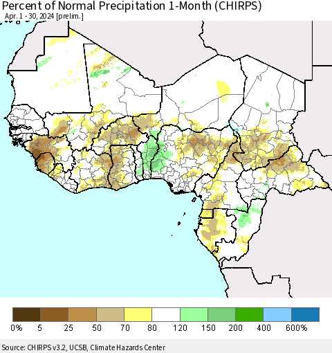 Western Africa Percent of Normal Precipitation 1-Month (CHIRPS) Thematic Map For 4/1/2024 - 4/30/2024