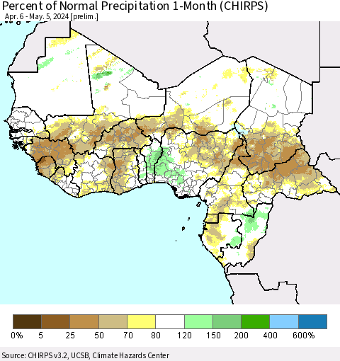 Western Africa Percent of Normal Precipitation 1-Month (CHIRPS) Thematic Map For 4/6/2024 - 5/5/2024