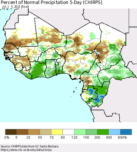 Western Africa Percent of Normal Precipitation 5-Day (CHIRPS) Thematic Map For 7/1/2021 - 7/5/2021