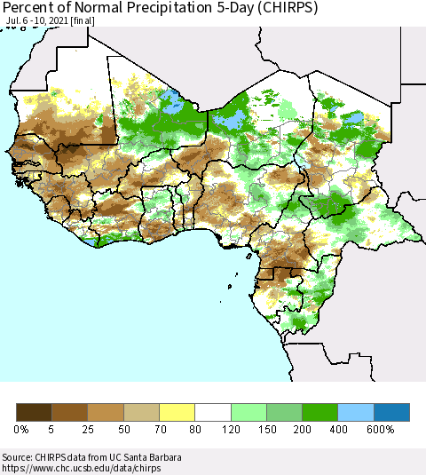 Western Africa Percent of Normal Precipitation 5-Day (CHIRPS) Thematic Map For 7/6/2021 - 7/10/2021
