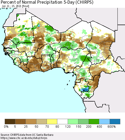 Western Africa Percent of Normal Precipitation 5-Day (CHIRPS) Thematic Map For 7/11/2021 - 7/15/2021