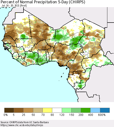 Western Africa Percent of Normal Precipitation 5-Day (CHIRPS) Thematic Map For 7/16/2021 - 7/20/2021