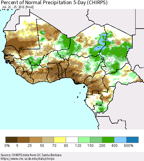 Western Africa Percent of Normal Precipitation 5-Day (CHIRPS) Thematic Map For 7/21/2021 - 7/25/2021