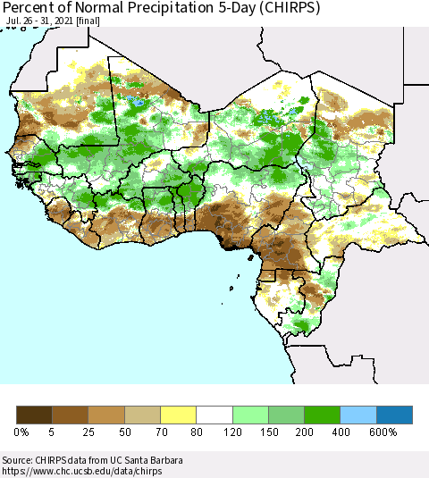 Western Africa Percent of Normal Precipitation 5-Day (CHIRPS) Thematic Map For 7/26/2021 - 7/31/2021