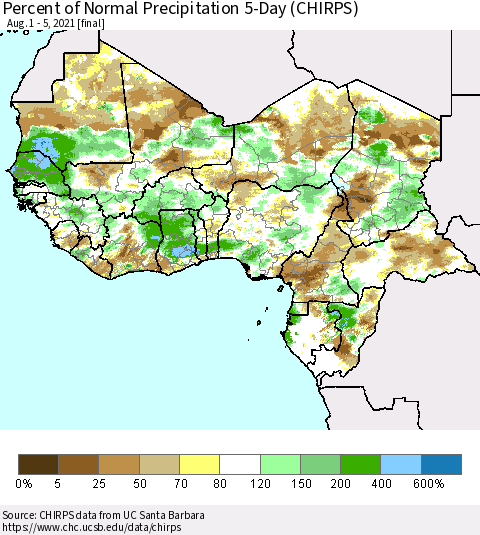 Western Africa Percent of Normal Precipitation 5-Day (CHIRPS) Thematic Map For 8/1/2021 - 8/5/2021
