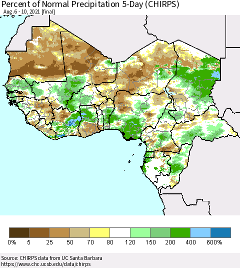 Western Africa Percent of Normal Precipitation 5-Day (CHIRPS) Thematic Map For 8/6/2021 - 8/10/2021