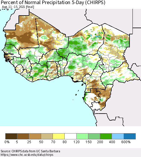 Western Africa Percent of Normal Precipitation 5-Day (CHIRPS) Thematic Map For 8/11/2021 - 8/15/2021