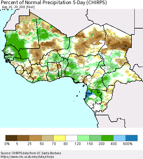 Western Africa Percent of Normal Precipitation 5-Day (CHIRPS) Thematic Map For 8/16/2021 - 8/20/2021