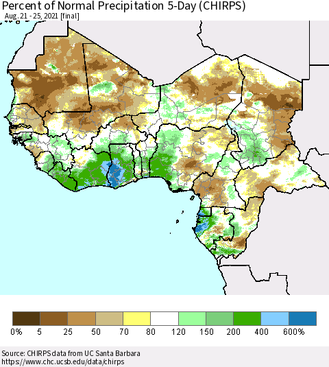 Western Africa Percent of Normal Precipitation 5-Day (CHIRPS) Thematic Map For 8/21/2021 - 8/25/2021