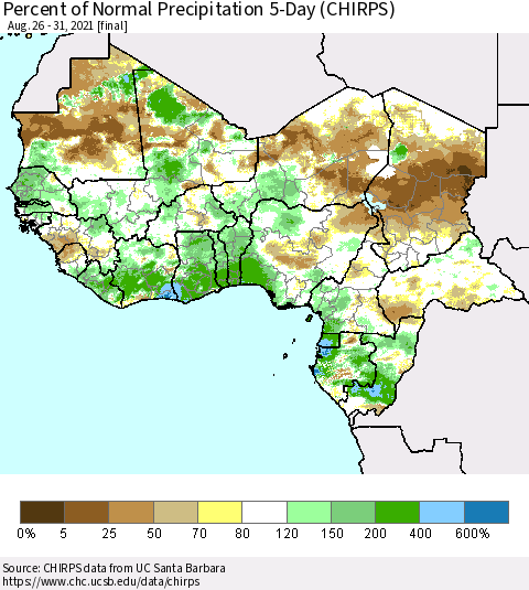 Western Africa Percent of Normal Precipitation 5-Day (CHIRPS) Thematic Map For 8/26/2021 - 8/31/2021