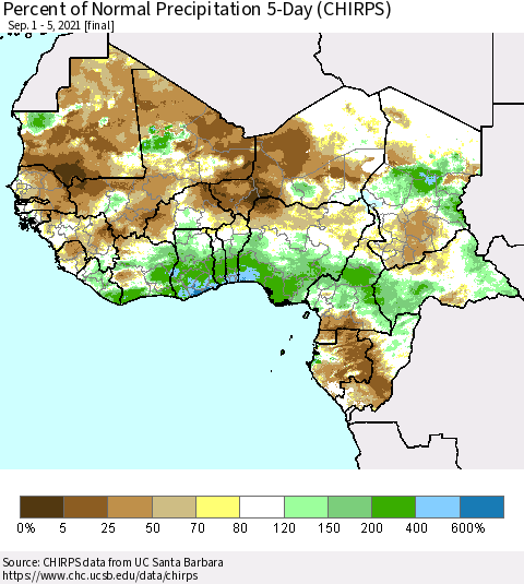 Western Africa Percent of Normal Precipitation 5-Day (CHIRPS) Thematic Map For 9/1/2021 - 9/5/2021