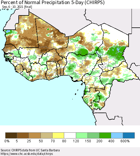 Western Africa Percent of Normal Precipitation 5-Day (CHIRPS) Thematic Map For 9/6/2021 - 9/10/2021