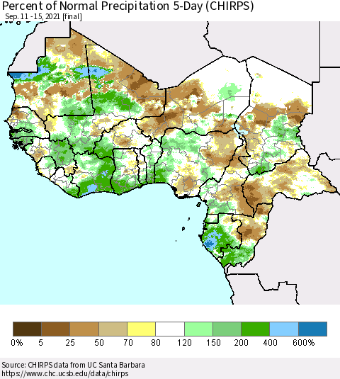 Western Africa Percent of Normal Precipitation 5-Day (CHIRPS) Thematic Map For 9/11/2021 - 9/15/2021