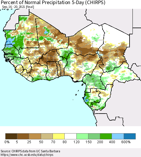 Western Africa Percent of Normal Precipitation 5-Day (CHIRPS) Thematic Map For 9/16/2021 - 9/20/2021