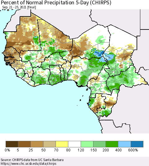 Western Africa Percent of Normal Precipitation 5-Day (CHIRPS) Thematic Map For 9/21/2021 - 9/25/2021