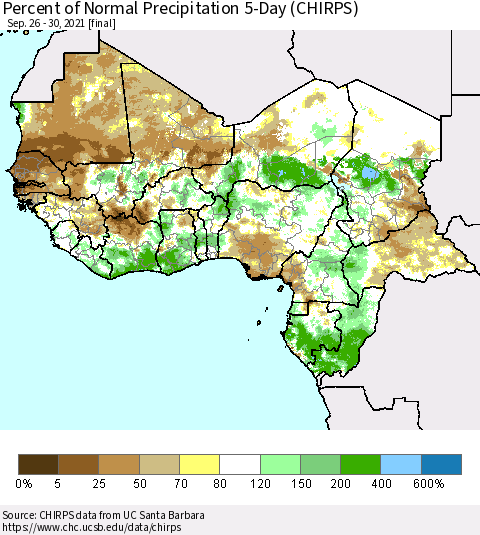 Western Africa Percent of Normal Precipitation 5-Day (CHIRPS) Thematic Map For 9/26/2021 - 9/30/2021