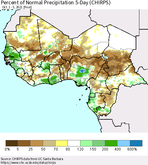 Western Africa Percent of Normal Precipitation 5-Day (CHIRPS) Thematic Map For 10/1/2021 - 10/5/2021