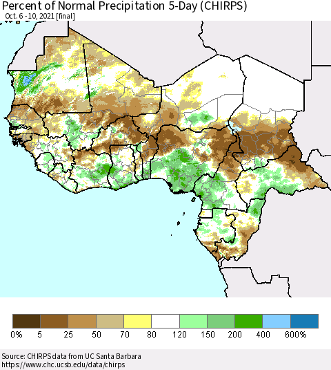Western Africa Percent of Normal Precipitation 5-Day (CHIRPS) Thematic Map For 10/6/2021 - 10/10/2021