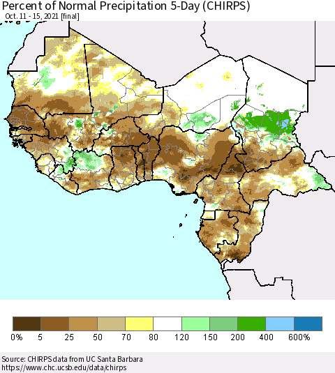 Western Africa Percent of Normal Precipitation 5-Day (CHIRPS) Thematic Map For 10/11/2021 - 10/15/2021