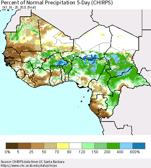 Western Africa Percent of Normal Precipitation 5-Day (CHIRPS) Thematic Map For 10/16/2021 - 10/20/2021