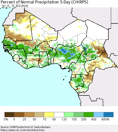 Western Africa Percent of Normal Precipitation 5-Day (CHIRPS) Thematic Map For 10/21/2021 - 10/25/2021