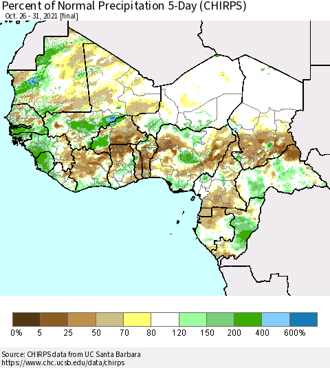 Western Africa Percent of Normal Precipitation 5-Day (CHIRPS) Thematic Map For 10/26/2021 - 10/31/2021