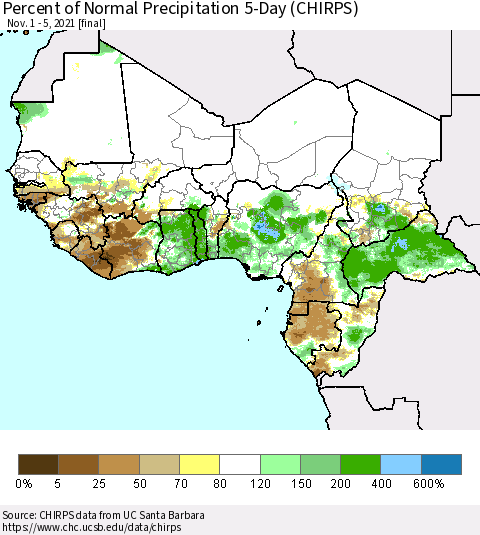 Western Africa Percent of Normal Precipitation 5-Day (CHIRPS) Thematic Map For 11/1/2021 - 11/5/2021