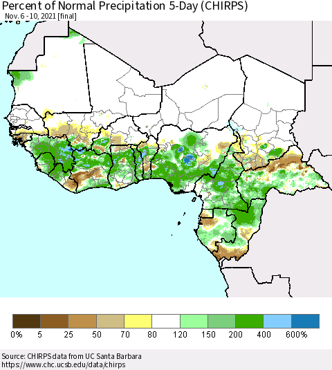 Western Africa Percent of Normal Precipitation 5-Day (CHIRPS) Thematic Map For 11/6/2021 - 11/10/2021