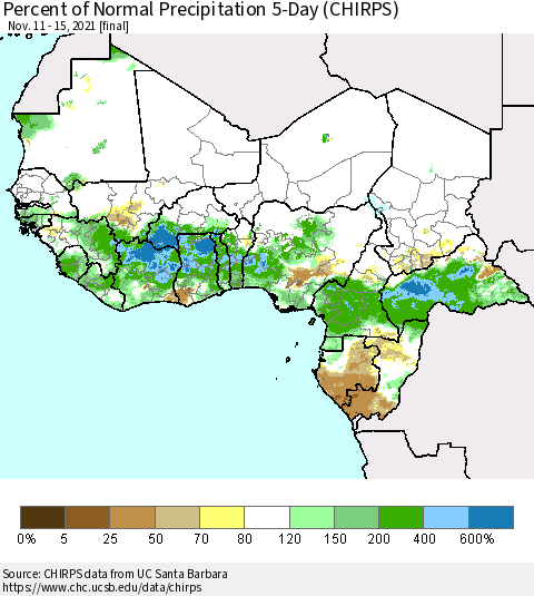 Western Africa Percent of Normal Precipitation 5-Day (CHIRPS) Thematic Map For 11/11/2021 - 11/15/2021