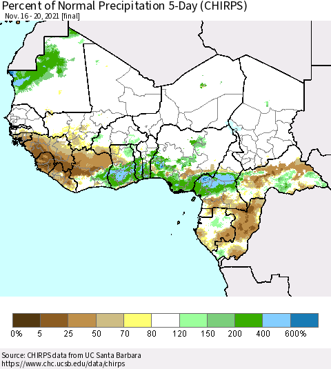 Western Africa Percent of Normal Precipitation 5-Day (CHIRPS) Thematic Map For 11/16/2021 - 11/20/2021